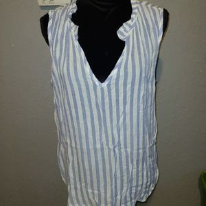 Cloth & Stone White & Blue Striped Sleeveless Top w/ Ruffle Detail Size XL